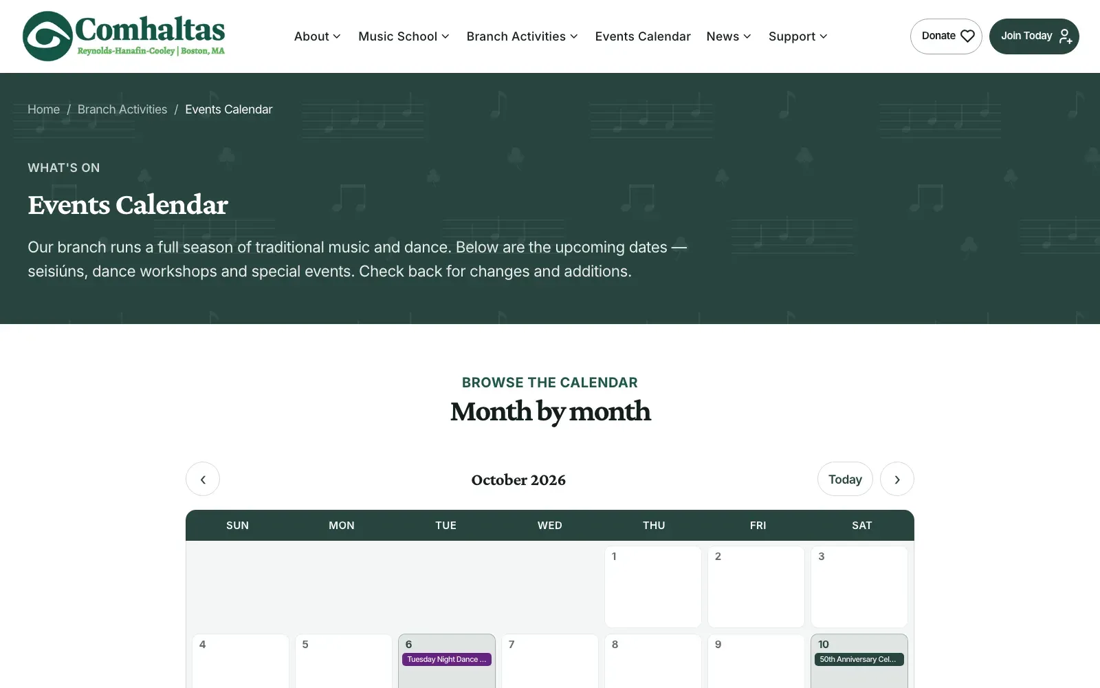 Events Calendar page of the Comhaltas Boston website, showing October 2026 with the Tuesday night dance workshops and the 50th anniversary celebration