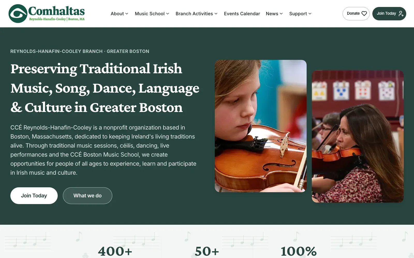 Homepage of the Comhaltas Boston website, with the headline Preserving Traditional Irish Music, Song, Dance, Language and Culture in Greater Boston and photographs of young violin players