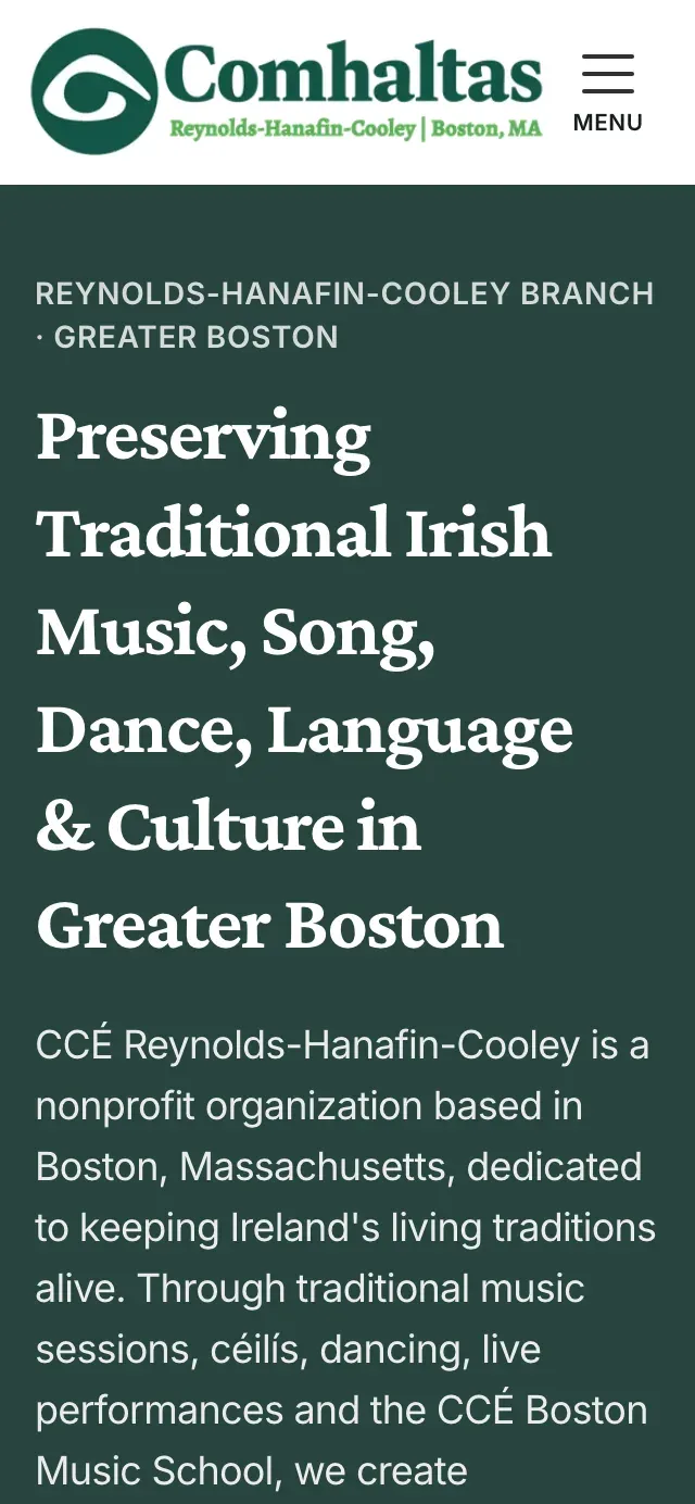 The Comhaltas Boston website shown on a mobile phone