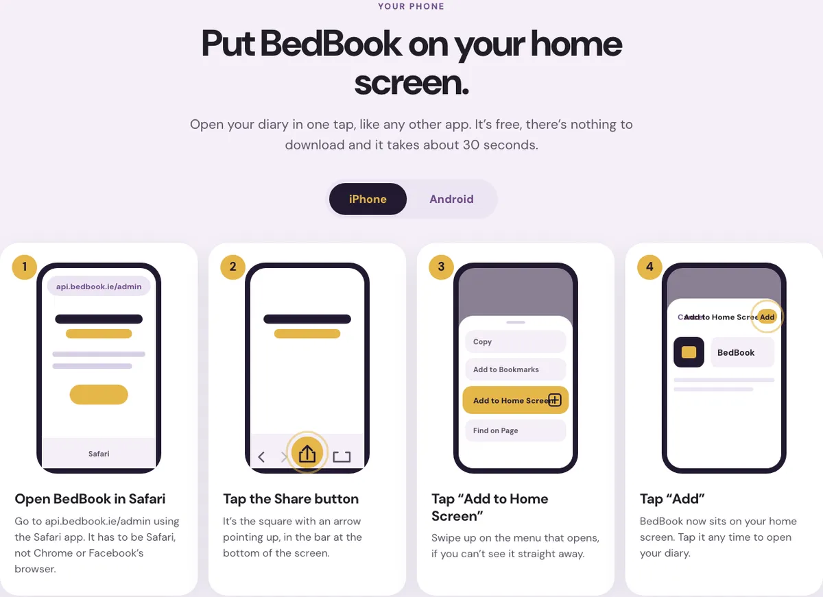 Step by step pictures showing how to add BedBook to the home screen on an iPhone