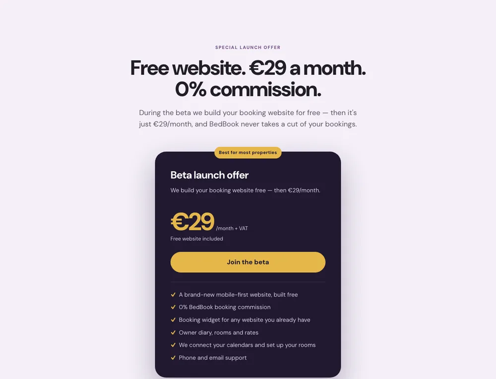 The BedBook beta launch offer: a free website, then 29 euro a month plus VAT, with 0 percent commission