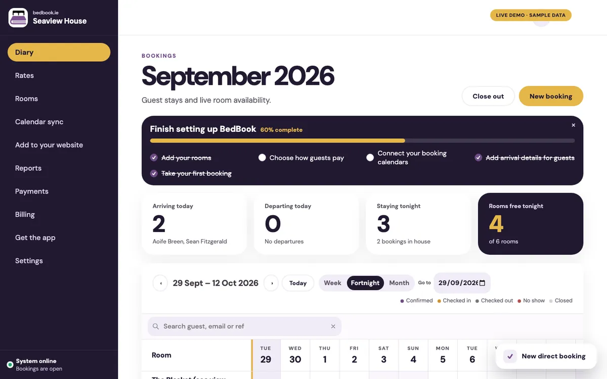 The BedBook owner dashboard showing a booking diary with rooms down the side and guest bookings across the week