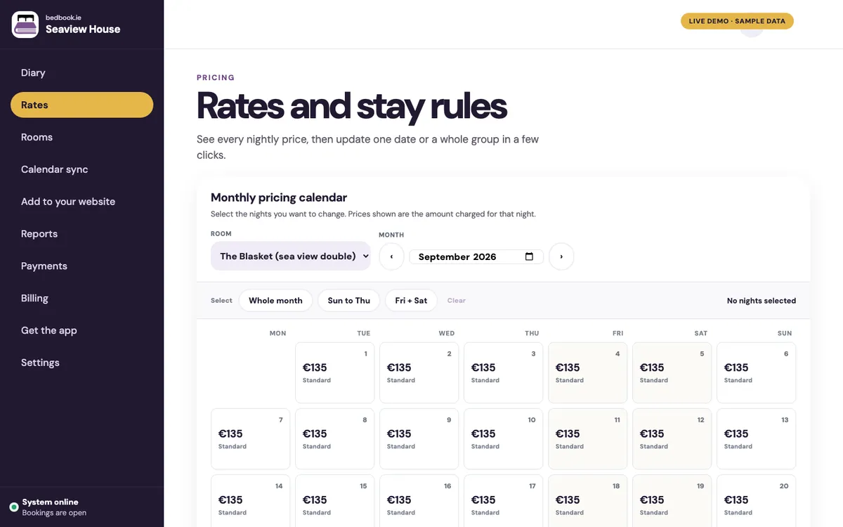 The BedBook rates calendar showing the nightly price for each day of the month